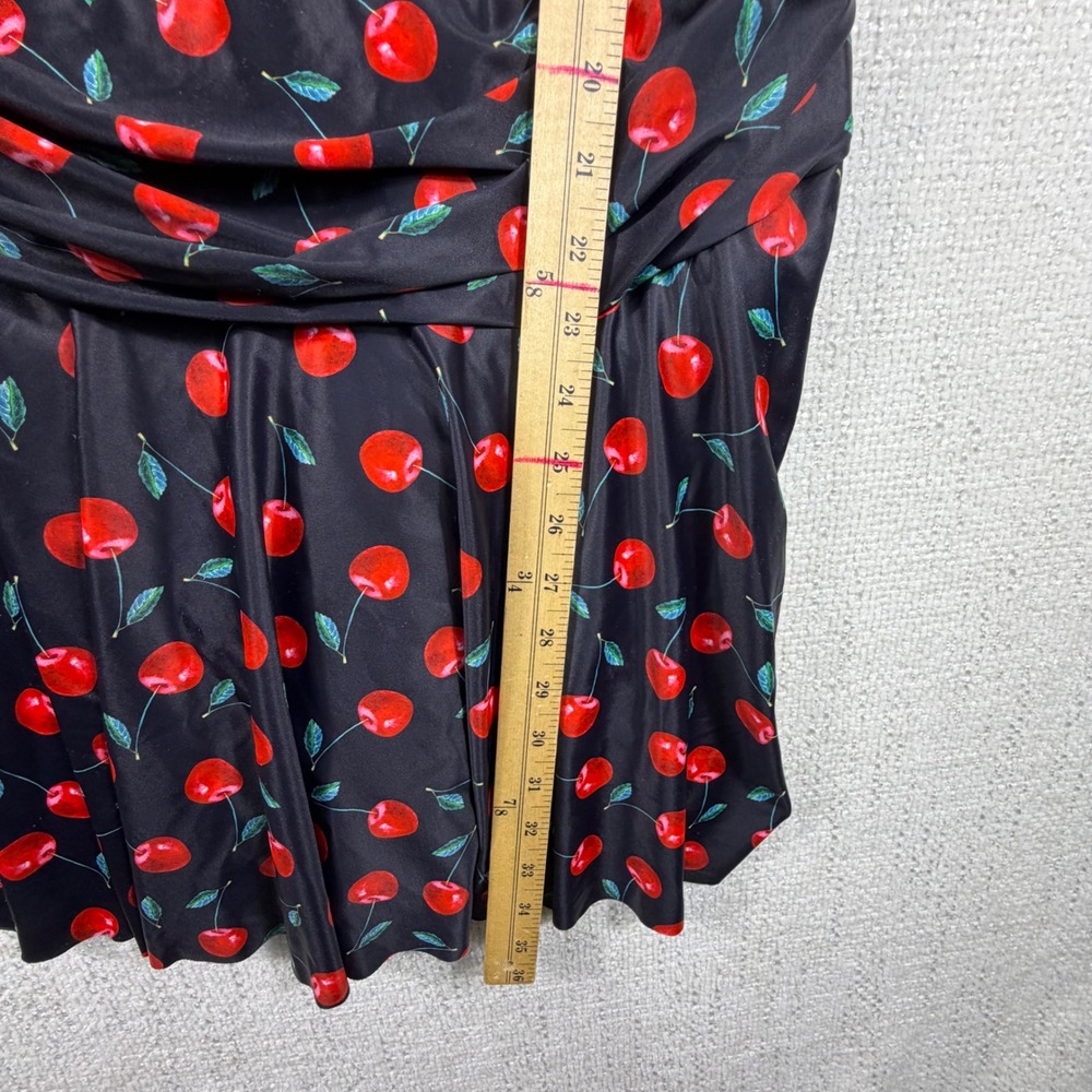 Cherry Print V-Neck Ruched Swimdress Black Red Retro One Piece Swimsuit - Picture 4 of 8